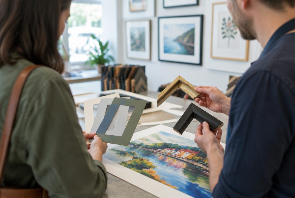 Two people holding frame corners and mats against an art print (illustrative image)