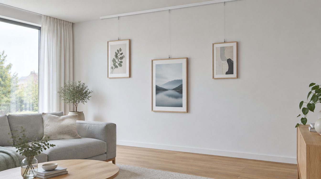 Living room with a picture rail below the ceiling and three pictures hanging on cords (illustrative image)