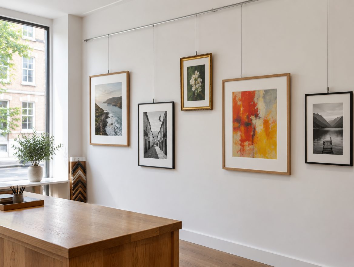 Bright framing shop with a picture rail and framed pictures on the wall (illustrative image)