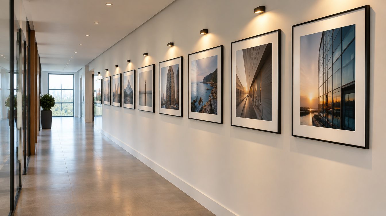 Office corridor with a row of identically framed photographs (illustrative image)