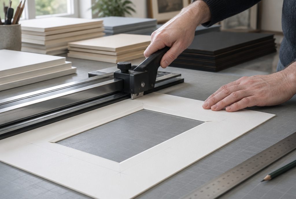 A mat board being cut with a bevel cutter (illustrative image)