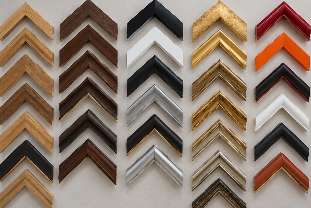 Wall of frame corner samples in wood, black, white, silver, gold, red and orange (illustrative image)