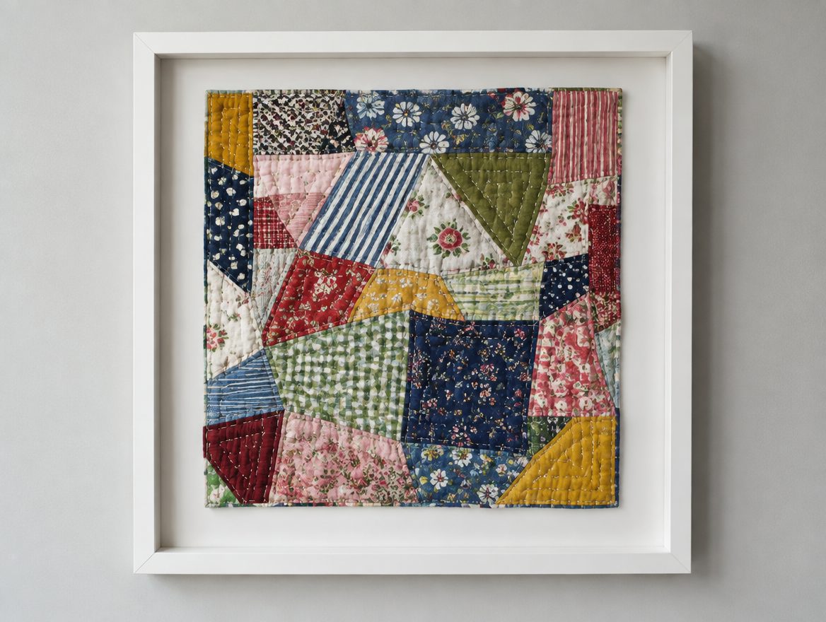 Colourful patchwork quilt in a deep white shadow box frame (illustrative image)
