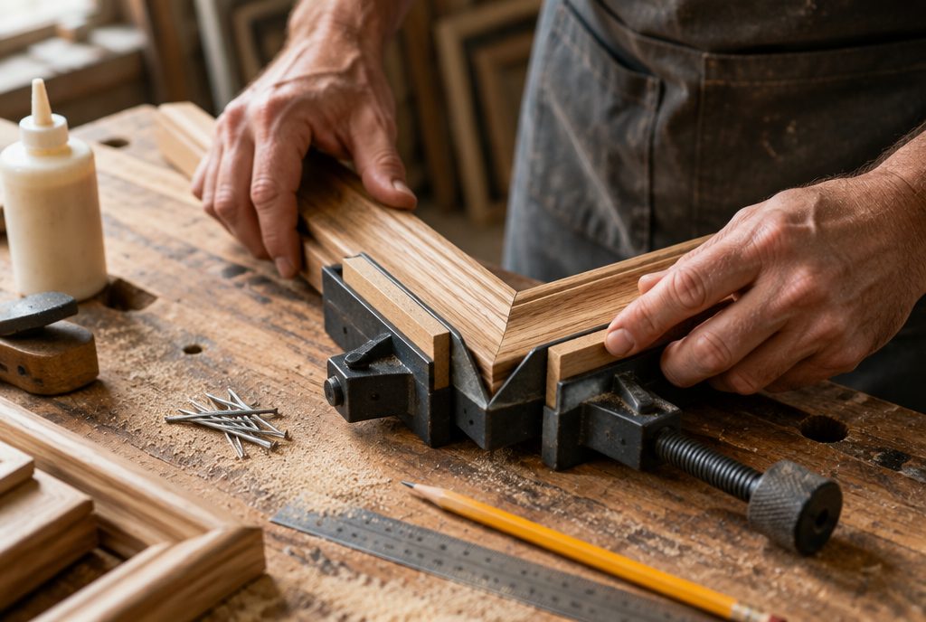 Hands joining two mitred wooden mouldings in a corner clamp (illustrative image)
